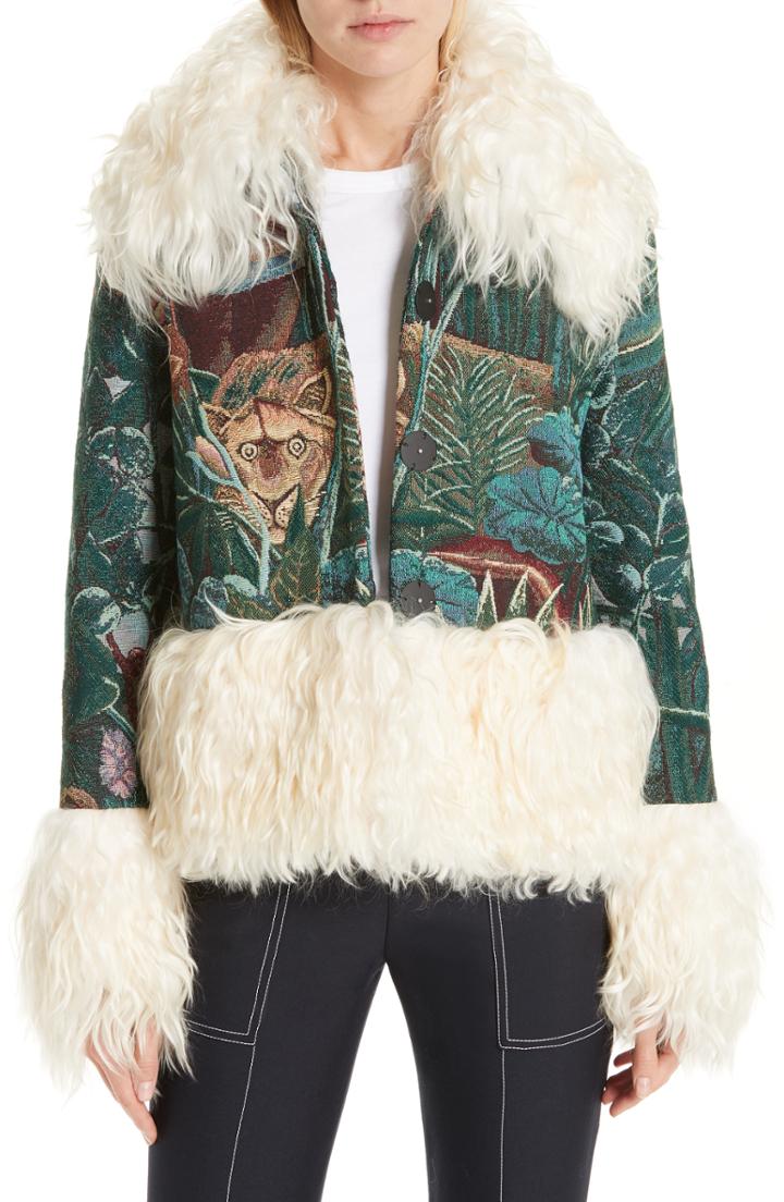 Women's Kenzo Genuine Goat Fur Trim Tapestry Jacket Us / 36 Fr - Blue