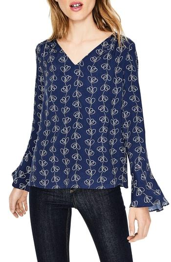Women's Boden Frill Sleeve Print Top - Blue