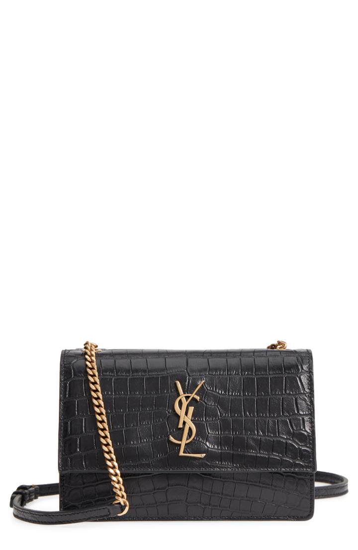 Saint Laurent Small Sunset Croc Embossed Leather Shoulder Bag -