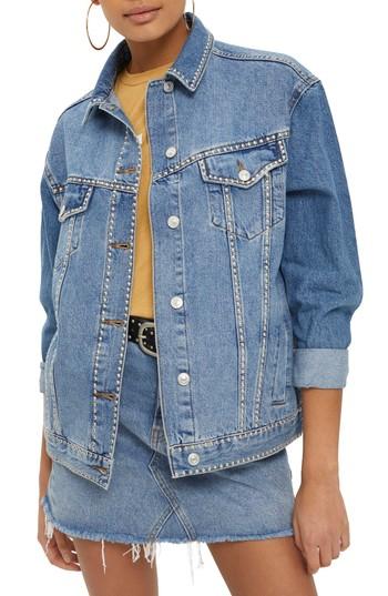 Women's Topshop Studded Denim Jacket Us (fits Like 0) - Blue