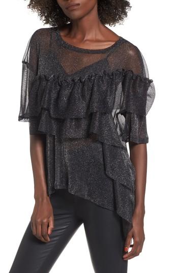 Women's Bp. Ruffle Metallic Mesh Tee, Size - Black