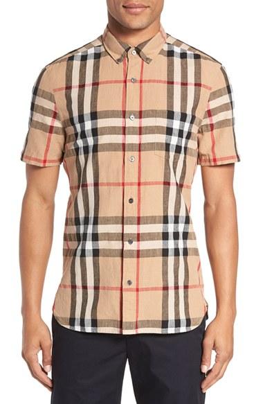 Men's Burberry 'elfords' Slim Fit Short Sleeve Check Linen & Cotton Sport Shirt