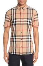 Men's Burberry 'elfords' Slim Fit Short Sleeve Check Linen & Cotton Sport Shirt