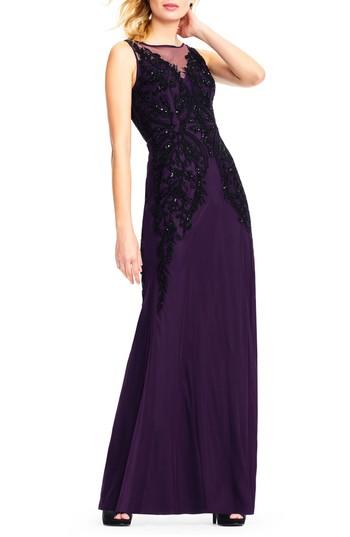 Women's Adrianna Papell Beaded Illusion Sheath Gown - Purple