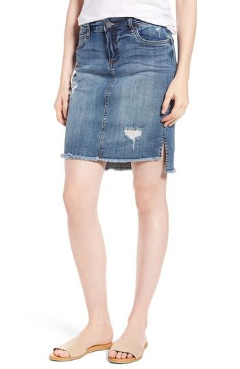 Women's Kut From The Kloth Distressed Step Hem Denim Skirt - Blue