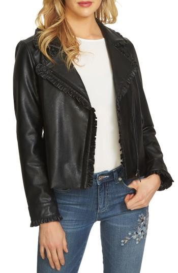 Women's Cece Ruffle Trim Moto Jacket - Black