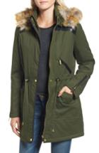 Women's French Connection Mixed Media Parka With Faux Fur Hood - Green