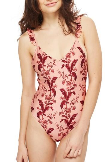 Women's Topshop Ruffle Trim Swimsuit Us (fits Like 0) - Pink