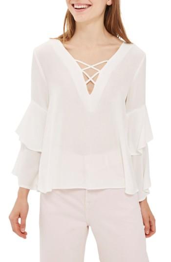 Women's Topshop Lattice Layer Bell Sleeve Top Us (fits Like 0) - Ivory