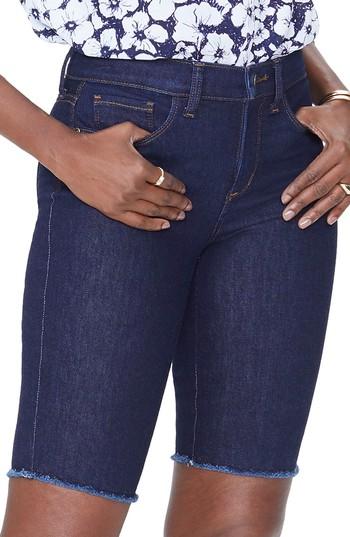 Petite Women's Nydj Briella Fray Hem Denim Bermuda Shorts P - Blue
