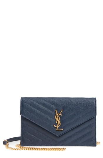 Women's Saint Laurent 'small Mono' Leather Wallet On A Chain - Blue