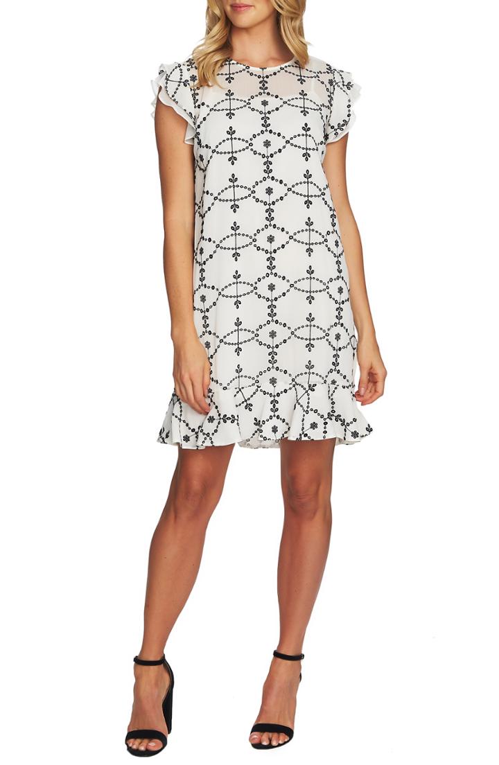 Women's Cece Flutter Detail Embroidered Shift Dress - Ivory