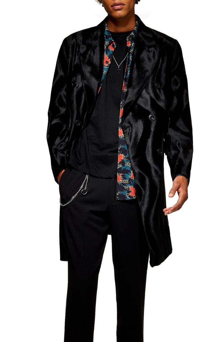 Men's Topman Faux Ponyhair Overcoat - Black