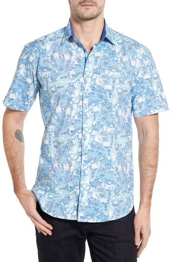 Men's Bugatchi Shaped Fit Leaf Print Sport Shirt, Size - Blue