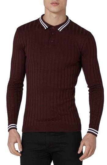Men's Topman Slim Fit Rib Knit Polo - Burgundy