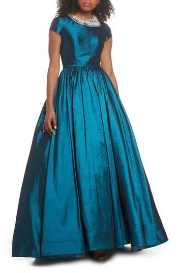 Women's Mac Duggal Embellished Collar Taffeta Ballgown - Blue