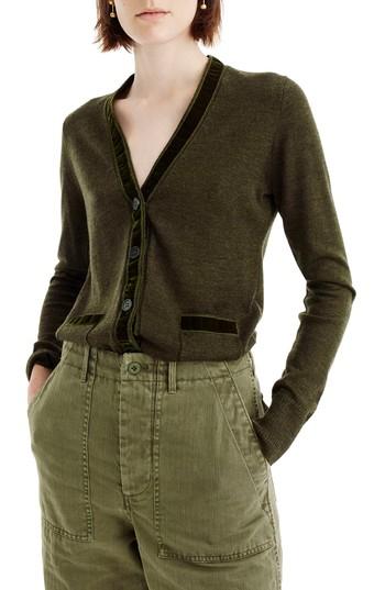 Women's J.crew Harlow Velvet Trim Cardigan - Green