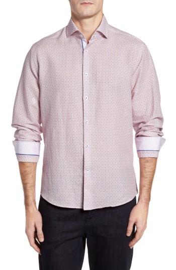 Men's Stone Rose Trim Fit Geo Print Linen Blend Sport Shirt (s) - Pink