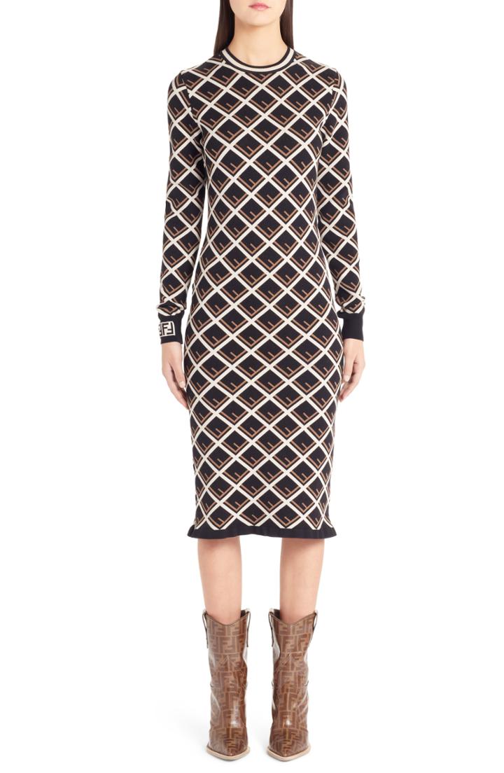 Women's Fendi Logo Pattern Midi Dress Us / 44 It - Black