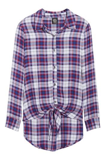 Women's Bobeau Tie Front Plaid Shirt - Blue
