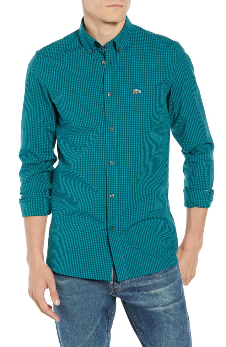 Men's Lacoste Regular Fit Gingham Stretch Poplin Sport Shirt - Green