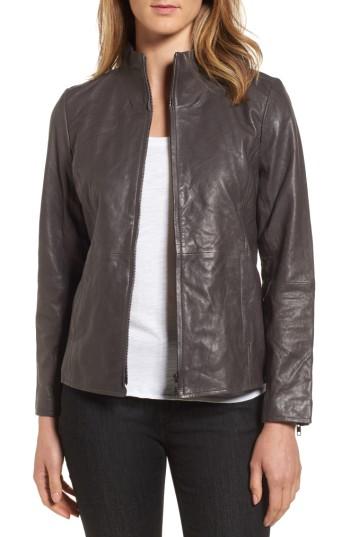 Women's Eileen Fisher Rumpled Luxe Leather Stand Collar Jacket - Brown