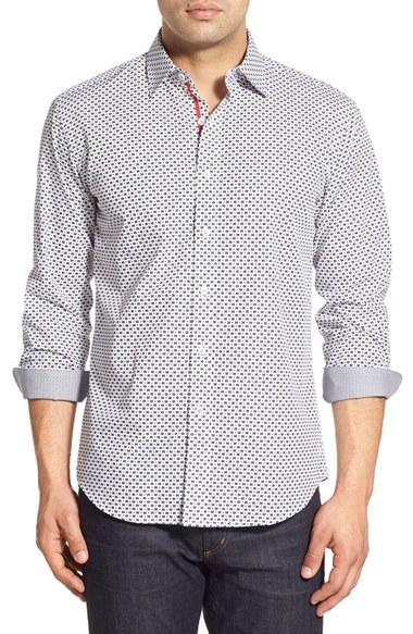 Men's Bugatchi Shaped Fit Geo Print Sport Shirt - White