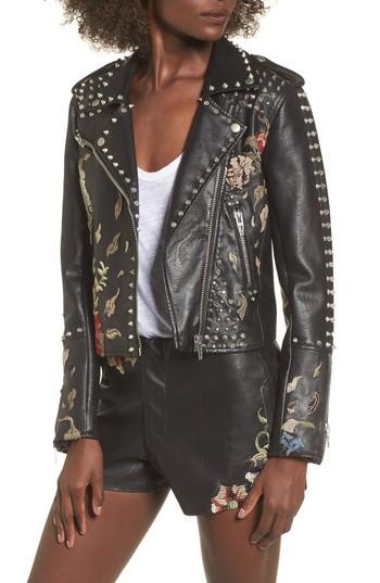 Women's Blanknyc Embroidered Studded Moto Jacket - Black