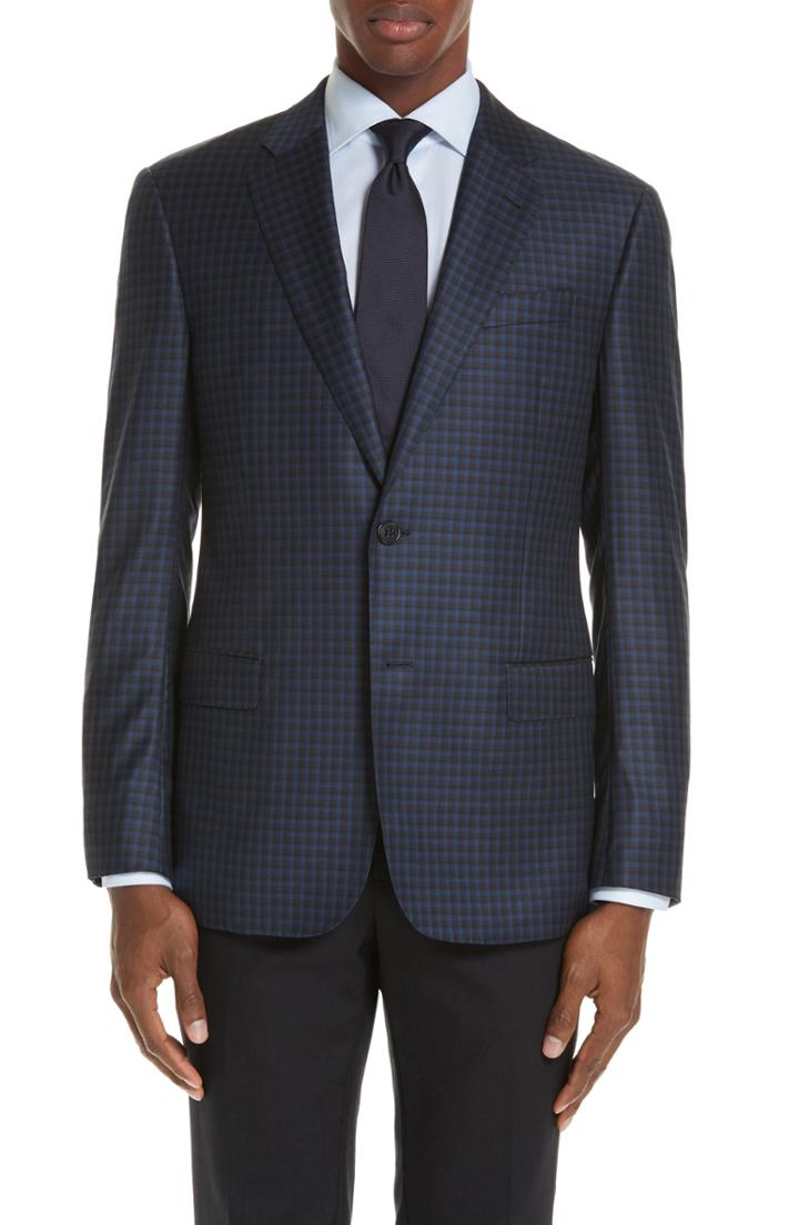 Men's Emporio Armani G-line Trim Fit Check Wool Sport Coat Us / 48 Eu R - Blue