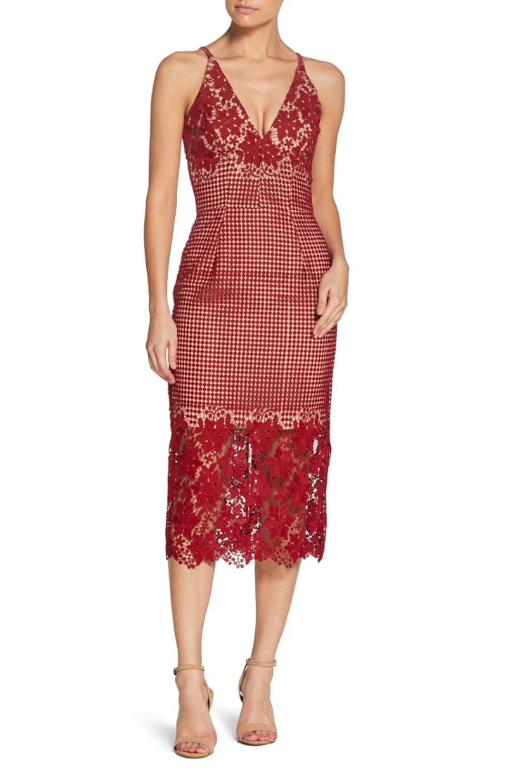 Women's Dress The Population Aurora Lace Tea Length Dress - Red