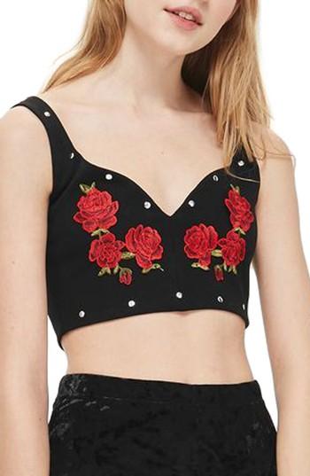 Women's Topshop Studded Floral Embroidered Bralette Us (fits Like 0) - Black