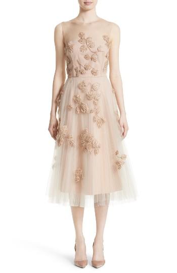 Women's Carolina Herrera Sequin Leaf Tulle Midi Dress
