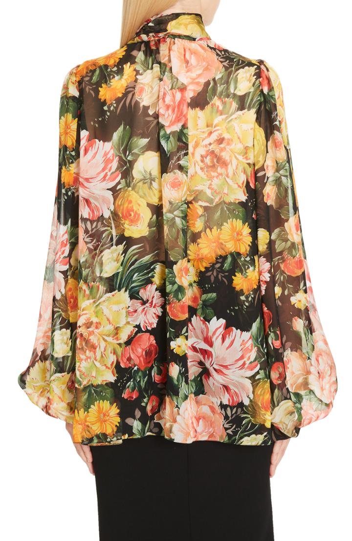 Women's Dolce & Gabbana Floral Print Tie Neck Chiffon Blouse Us / 50 It - Black