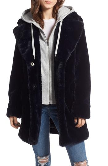 Women's Kendall + Kylie Hooded Faux Rabbit Fur Jacket - Blue