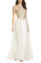 Women's Sequin Hearts Embellished Halter Gown With Tulle Overskirt
