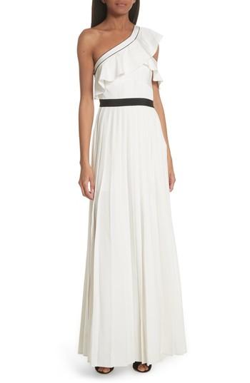 Women's Self-portrait Ruffle Trim One Shoulder Gown - White