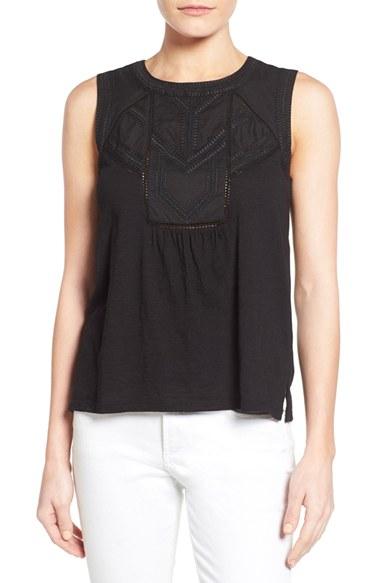 Women's Caslon Embroidered Lace Detail Cotton & Modal Tank - Black