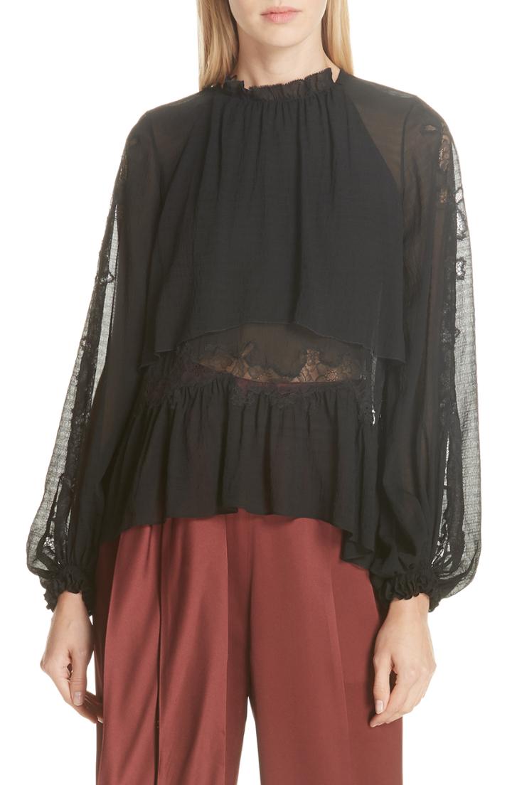 Women's 3.1 Phillip Lim Lace Detail Stretch Silk Blouse - Black