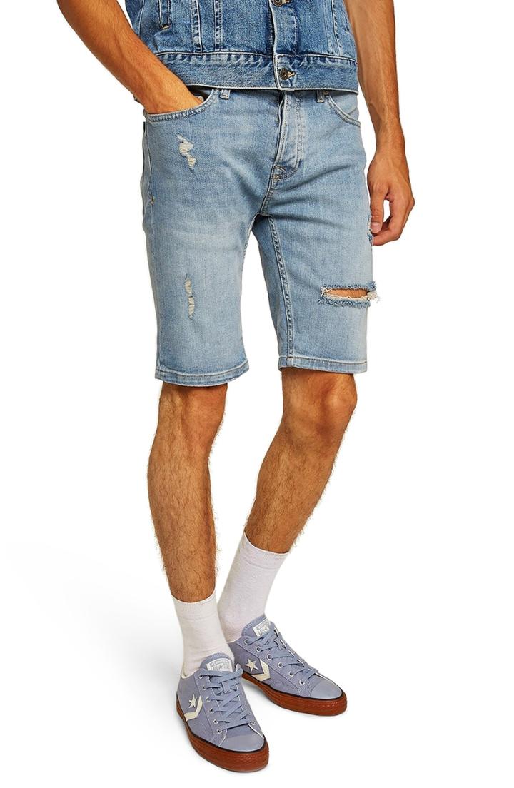 Men's Topman Bleach Ripped Skinny Denim Shorts - Blue