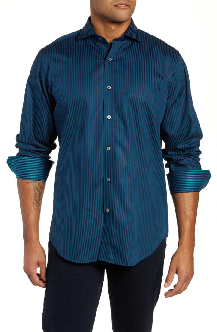 Men's Bugatchi Classic Fit Stripe Sport Shirt - Green