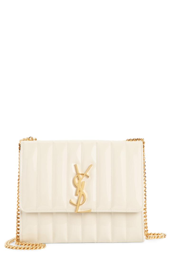 Women's Saint Laurent Vicky Patent Leather Wallet On A Chain - White
