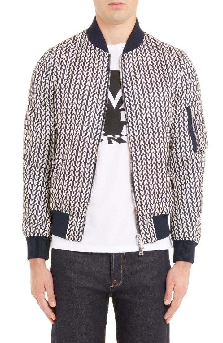 Men's Valentino Logo Print Bomber Jacket Eu - Blue