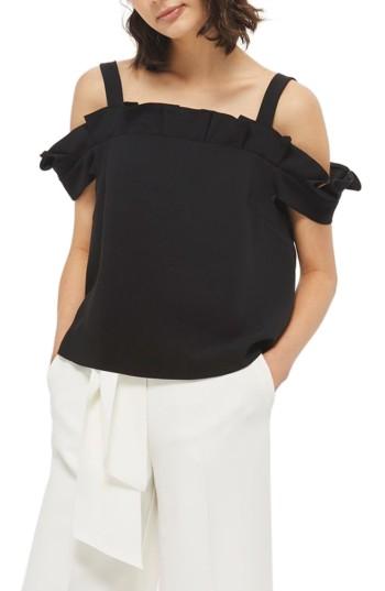 Women's Topshop Bardot Pleat Ruffle Top Us (fits Like 0) - Black