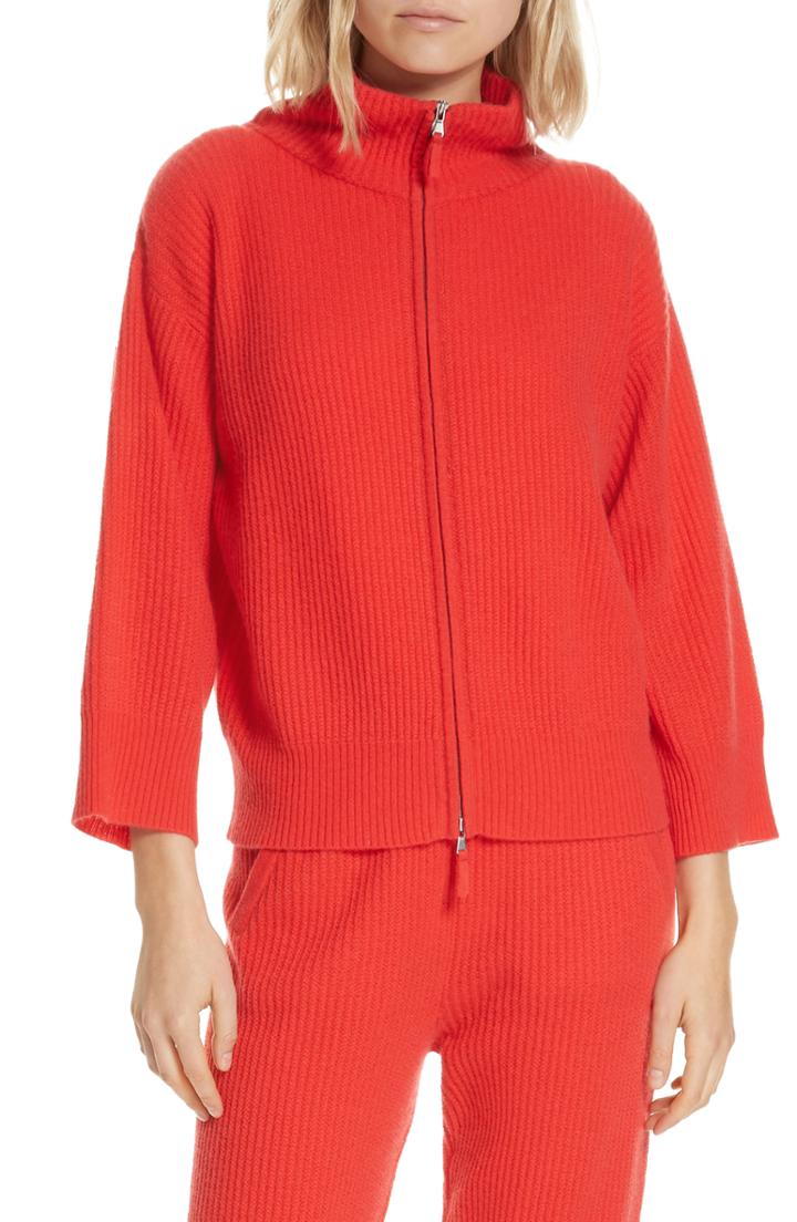 Women's Allude Turtleneck Cashmere Zip Cardigan - Red