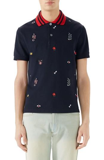 Men's Gucci Embroidered Pique Polo - Blue