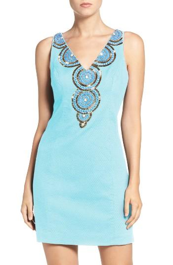 Women's Lilly Pulitzer 'gabby' Beaded Neck Cotton Shift Dress - Blue