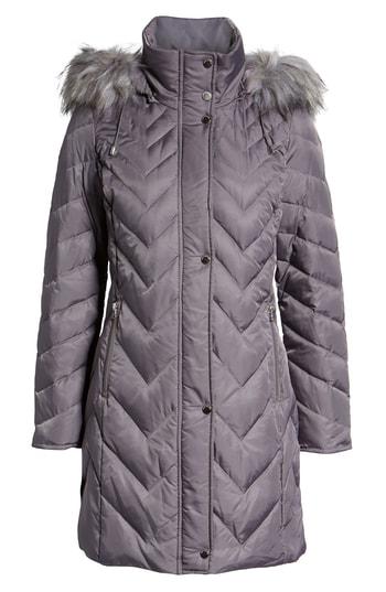 Women's Marc New York Matte Satin Chevron Faux Fur Trim Coat