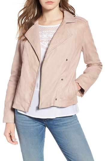 Women's Hinge Feminine Leather Moto Jacket, Size - Beige
