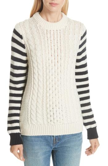 Women's & Daughter Behy Aran Stripe Sleeve Wool Sweater - Ivory