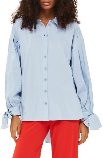 Women's Topshop Poet Tie Sleeve Shirt Us (fits Like 2-4) - Blue